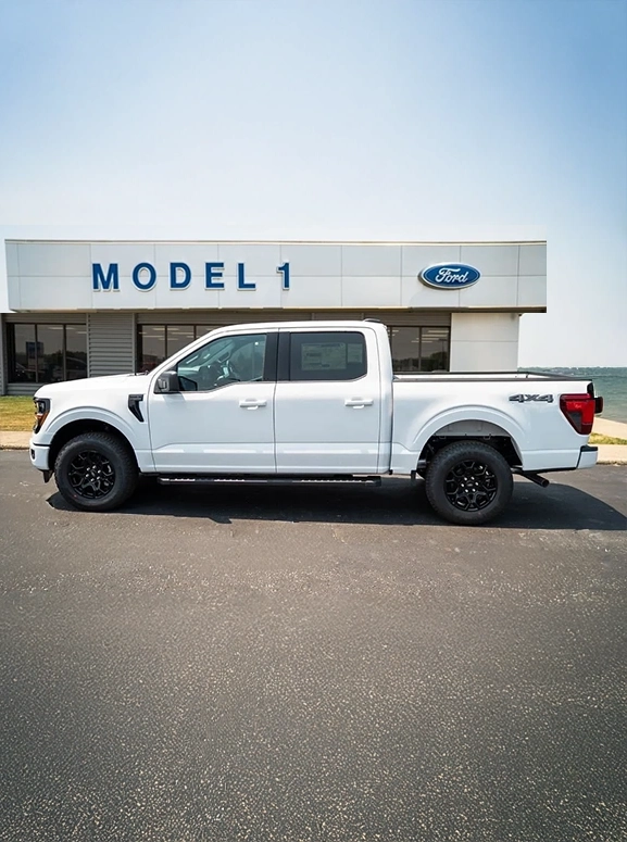 white ford 150 parked in front of a model 1 retail building in daylight
