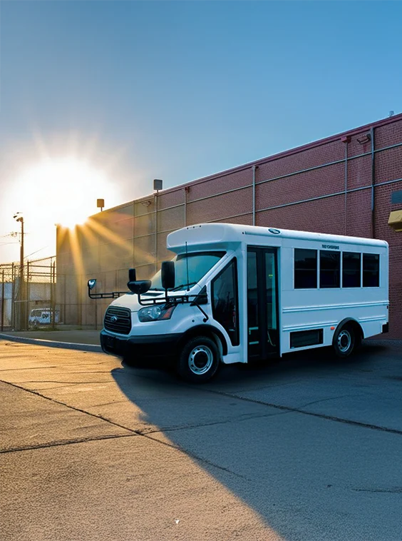White shuttle bus parked next to a prison near Jackson